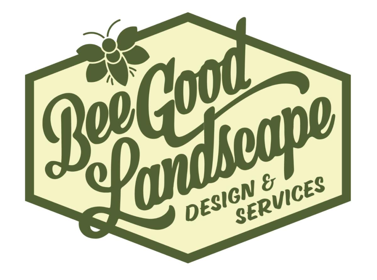 Logo with green hexagon border, bee illustration, and the text Bee Good Landscape Design & Services inside, styled in cursive.