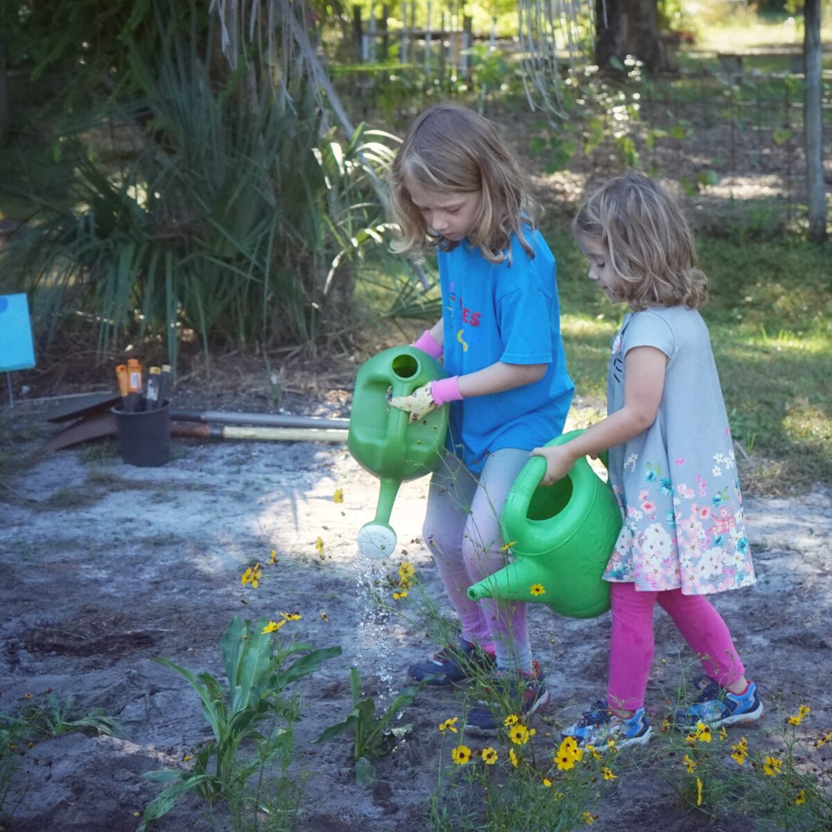 Two children water plants in newly installed native plant garden.