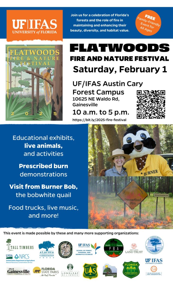 A festival poster titled Flatwoods Fire and Nature Festival with event details, illustrations of nature, a burner bob mascot, and logos of sponsors.