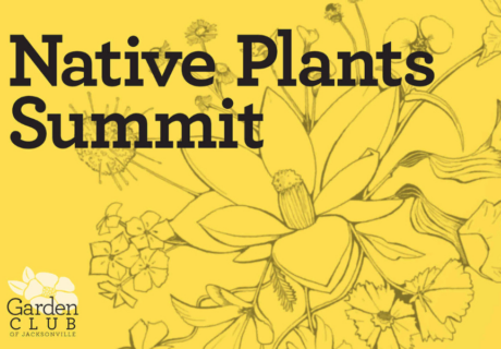 Yellow background with floral illustrations. Text reads Native Plants Summit and features the Garden Club of Jacksonville logo.