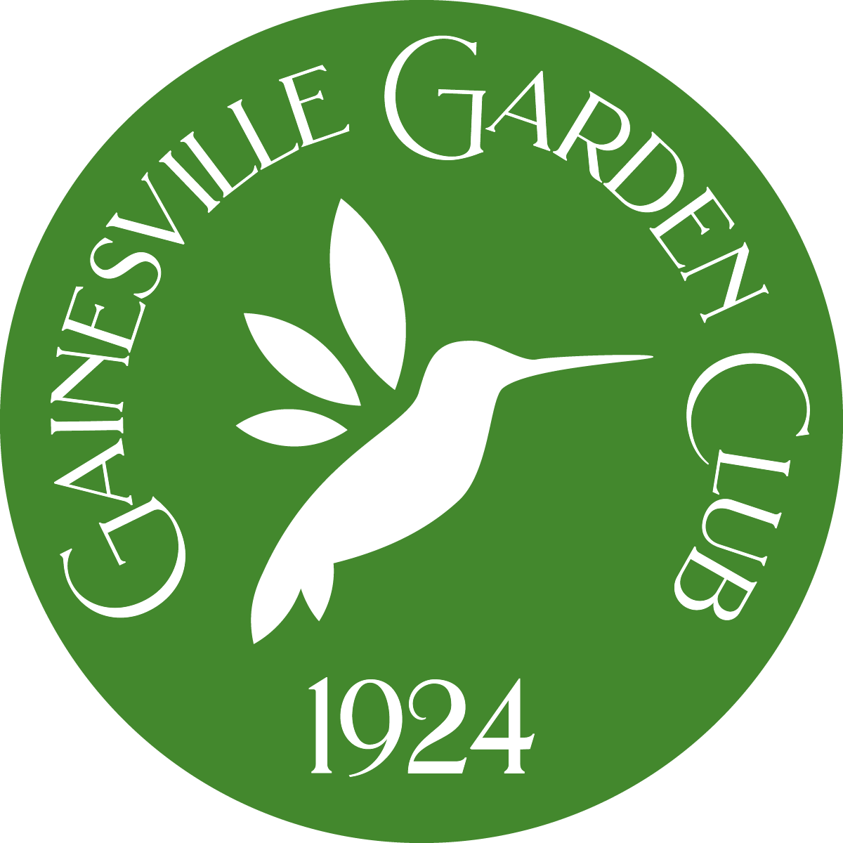 Green circular logo of Gainesville Garden Club, featuring a white hummingbird with leaves and the year 1924.